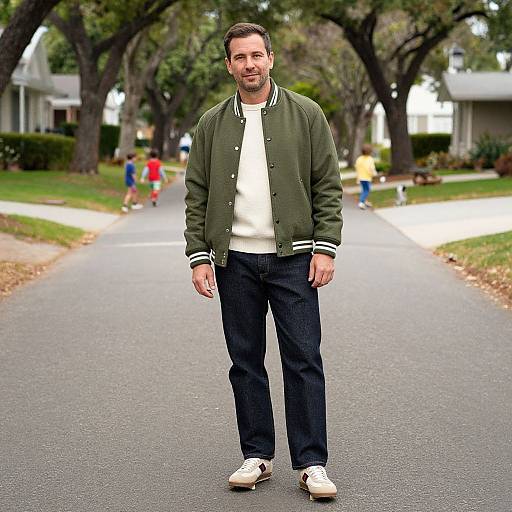 Man in Retro Varsity Jacket on Street