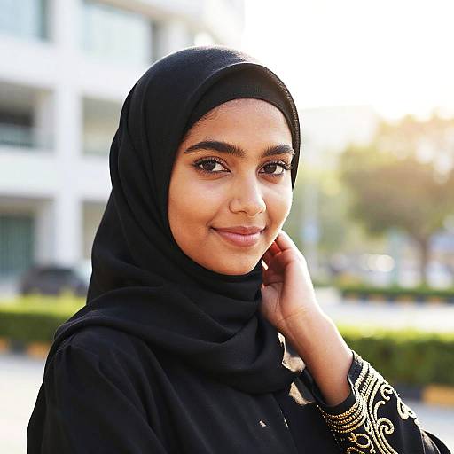Gentle Smile in Gold-Embroidered Hijab