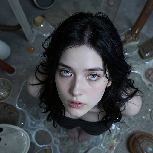 Photograph-style digital art of pale-skinned, blue-eyed woman with black curly hair, looking up with a somber expression, surrounded by vintage kitchen