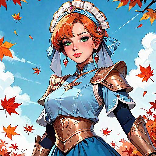 Digital anime-style drawing of a red-haired maid with green eyes, wearing gold armor and blue dress, against a blue sky with falling red leaves.