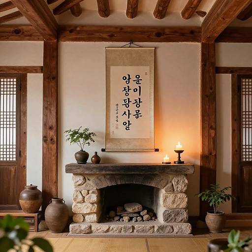 Traditional Japanese room with wooden ceiling beams, stone fireplace, Korean calligraphy art, lit candles, potted plants, and rustic pottery.