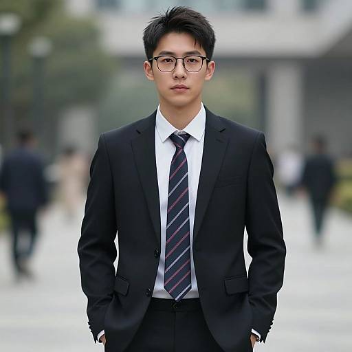 Photograph of an Asian man with short black hair, glasses, and a black suit with a striped tie, standing in a blurred urban outdoor setting.