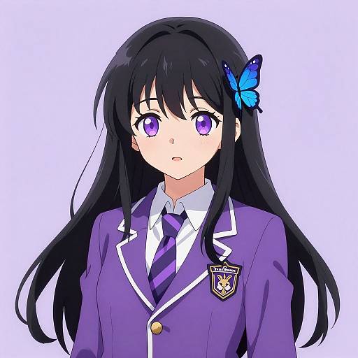 Anime-style digital drawing of a cute girl with long black hair, purple eyes, wearing a purple school uniform with a blue butterfly hairpin.
