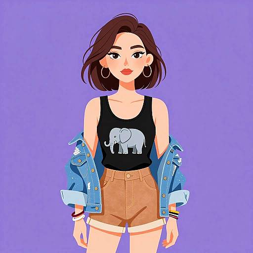 Digital illustration of a young woman with short brown hair, wearing a black tank top with an elephant, denim jacket, and tan shorts, against a purple