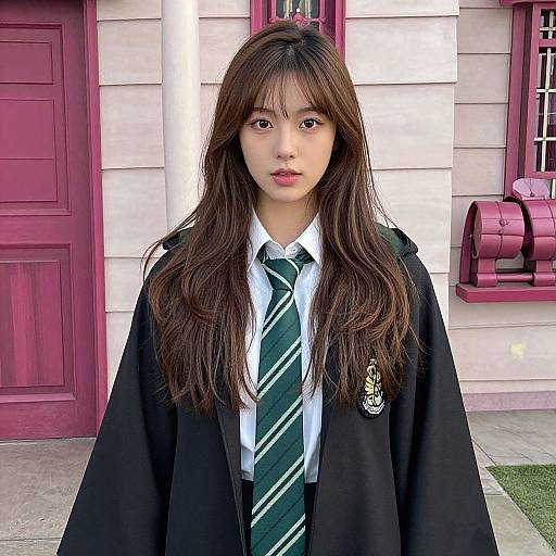 Photograph of an Asian teenage girl with long brown hair, wearing a black school robe, white shirt, and green striped tie, standing in front of