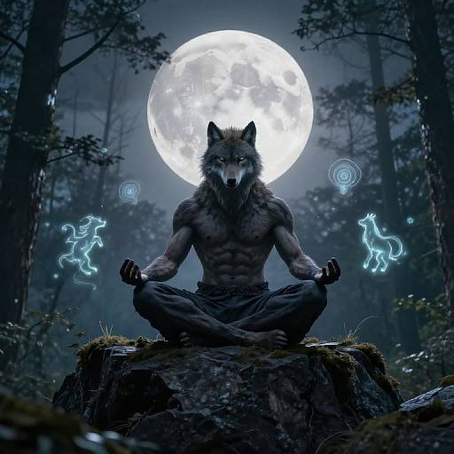 Digitally drawn image of a muscular, anthropomorphic wolf meditating on a mossy rock under a full moon, with glowing blue spirits on either side