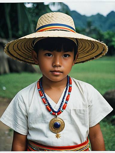 Boy in Traditional Philippine Costume with Straw Hat