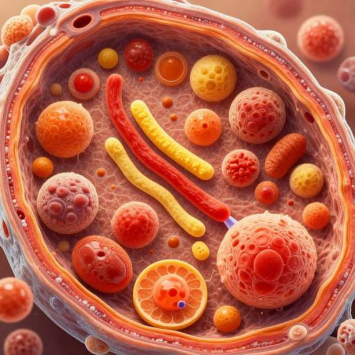 Close-up CGI of a detailed, colorful, microscopic cellular interior filled with various red, yellow, and orange spherical and cylindrical particles.
