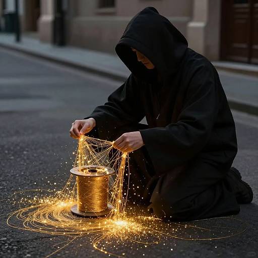 Photograph of a hooded person in black kneeling on a street, spinning golden thread, emitting bright sparks, beside a spool. Urban background.