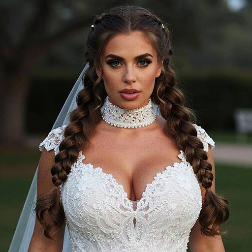Photograph of a beautiful woman with long, braided brown hair, wearing a white lace wedding dress and choker, with a veil, standing outdoors