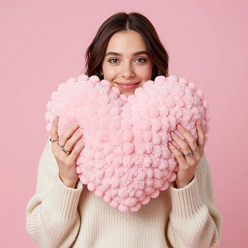 Woman with Pink Heart Pom-Pom Cushion