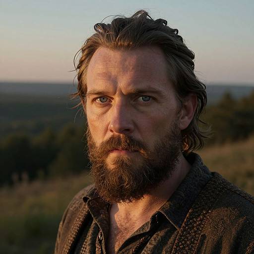 Photograph of a rugged, bearded man with blue eyes, tousled brown hair, and a dark, textured shirt, set against a blurred,