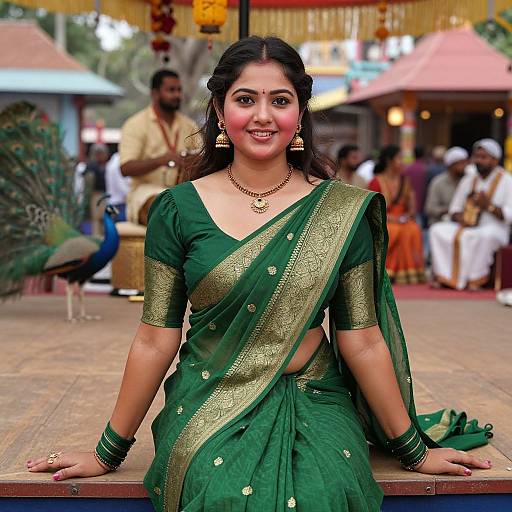 Photograph of a smiling Indian woman with dark hair in a green and gold saree, gold jewelry, and traditional earrings, seated outdoors at a vibrant