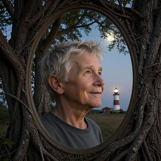 Photograph of an elderly man with white hair, smiling, reflected in a circular wooden frame, with a lighthouse in the twilight background.