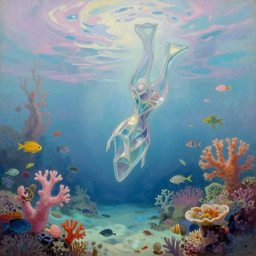 Digital illustration of a transparent humanoid fish swimming through a vibrant underwater coral reef, surrounded by colorful fish and diverse corals.