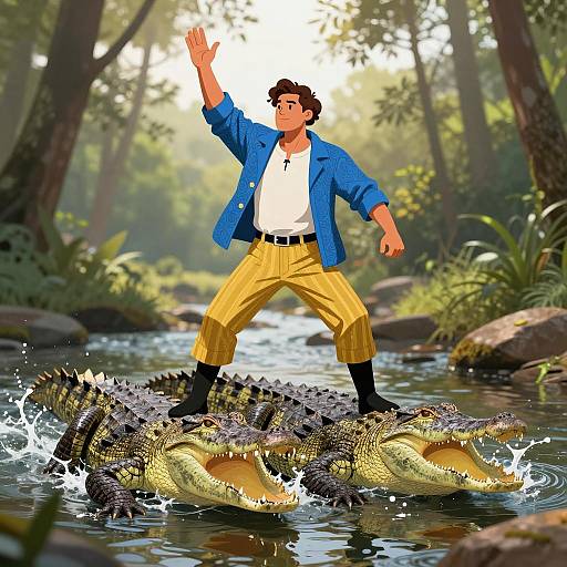 Confident Man Standing on Crocodiles