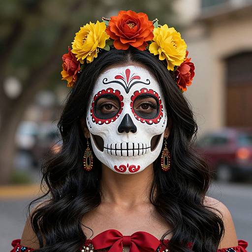 Photograph of a woman with black hair, white sugar skull face paint, red and yellow flower crown, red dress, and dangling earrings, standing outdoors