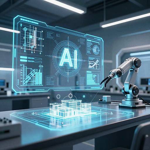 High-tech laboratory with glowing blue holographic screens, detailed digital diagrams, and a robotic microscope over a illuminated workbench.