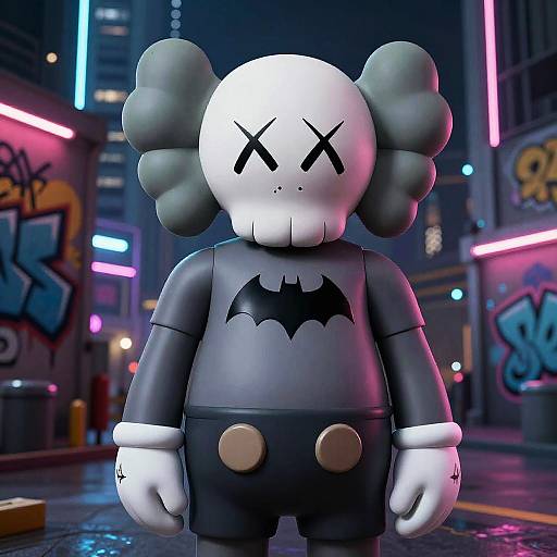 CGI image of a stylized, black-and-white, bat-emblazoned robot with X eyes, standing in a neon-lit, graffiti