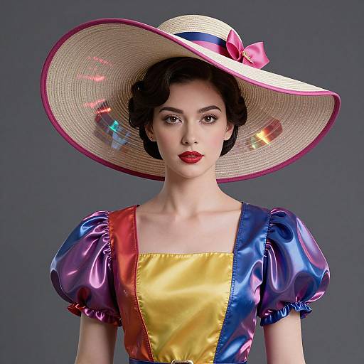 Photograph of a fair-skinned woman with red lipstick, wearing a colorful shiny dress and wide-brimmed sunhat with rainbow reflections.