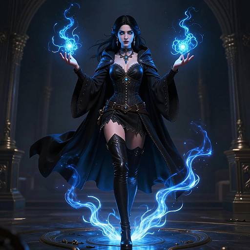 Digital artwork of a dark-haired, fair-skinned witch with blue glowing fire, wearing black corset, cape, and boots, in a gothic