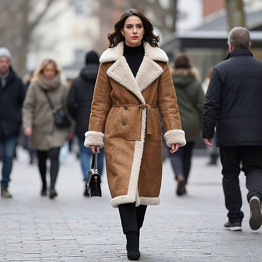 Photograph of a confident woman with dark hair, wearing a brown shearling coat, black turtleneck, and black pants, walking in a snowy