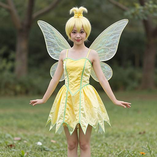Photograph of a young girl with blonde hair in a yellow fairy dress and transparent wings, standing in a grassy forest.