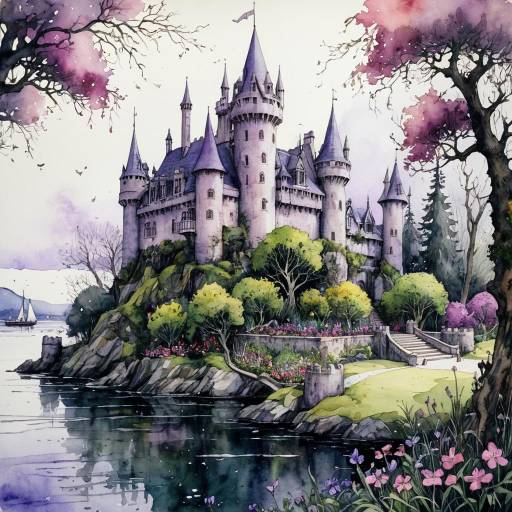 Watercolor Painting of a Fantasy Waterfront Castle