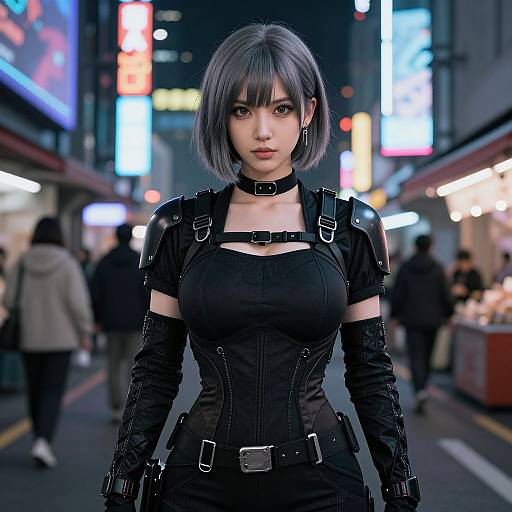 Digital art of a silver-haired anime woman in a black, leather corset with straps and belts, standing in a neon-lit, bustling city street