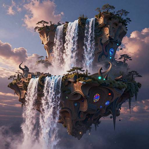 Fantastical digital artwork of a floating, intricate cliff dwelling with twin waterfalls, colorful stained glass windows, and mythical creatures against a sunset sky with