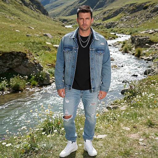 Photograph of a handsome man with short dark hair, beard, wearing a blue denim jacket, black t-shirt, distressed jeans, white sneakers, standing