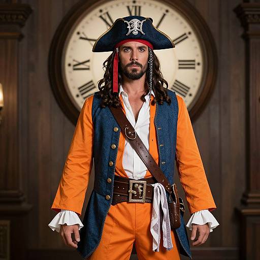 Man in Orange Pirate Costume by Clock