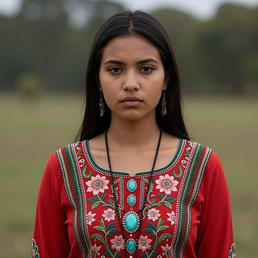 Photograph of a young South Asian woman with straight black hair, wearing a red embroidered blouse with floral patterns and turquoise beadwork, standing in a grass