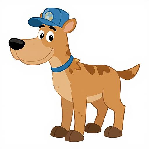 Cartoon-style, smiling, tan dog with brown spots, blue collar, and blue cap, standing against a white background. Simple, colorful illustration.