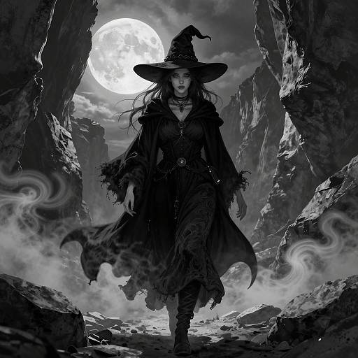 Mysterious Witch Walking Under Full Moon