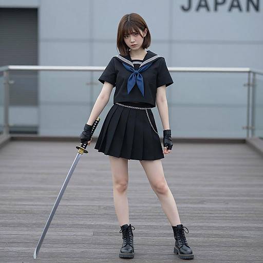 Young Woman in Sailor Outfit Holding Katana