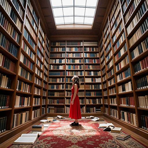 Photograph of a lone woman in a red dress standing on a red carpet in a vast, well-lit library with towering bookshelves. Sun