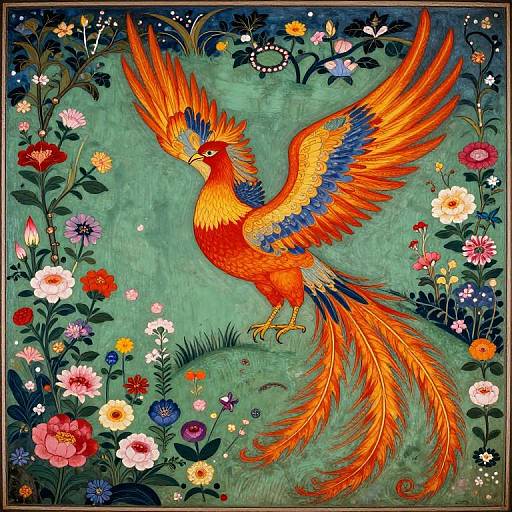 Vibrant digital illustration of a fiery phoenix with orange, red, and blue feathers, surrounded by colorful flowers and green foliage.
