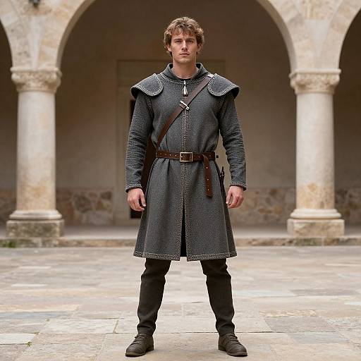 Photograph of a young man with wavy brown hair, wearing a dark medieval-style tunic, brown belt, black pants, and boots, standing