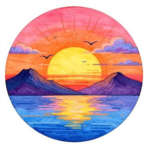 Retro Sunset Over Mountains and Water