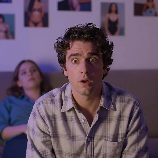 Surprised man with woman in dimly lit room