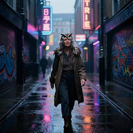 Elderly Woman in Neon London Alley