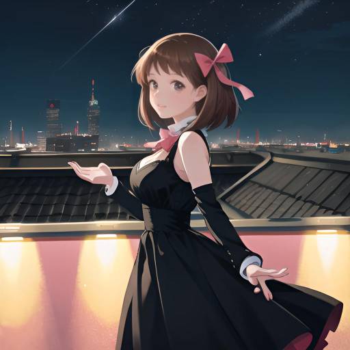 Anime Woman in Pink Dress on Balcony at Night