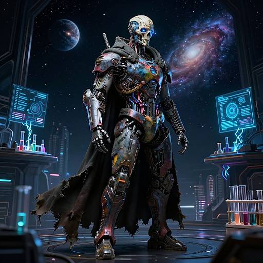 Digital artwork of a futuristic, cybernetic warrior with a glowing blue helmet, metallic armor, and black tattered cape, standing in a neon-l