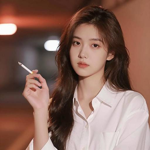 Young Woman Smoking with Neutral Expression