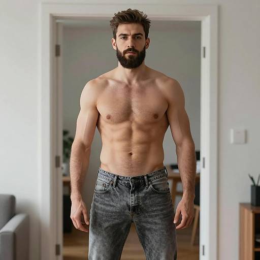 Shirtless muscular man in grey jeans standing indoors