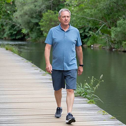 Middle-aged man with gray hair, blue polo, black shorts, and black sneakers walking on a wooden boardwalk by a calm, green forested river