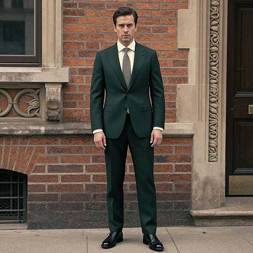 Photograph of a serious-looking young man in a black suit, white shirt, and patterned tie, standing in front of a brick and stone building