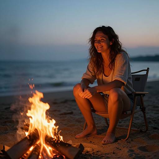 Smiling Woman by Beachside Campfire