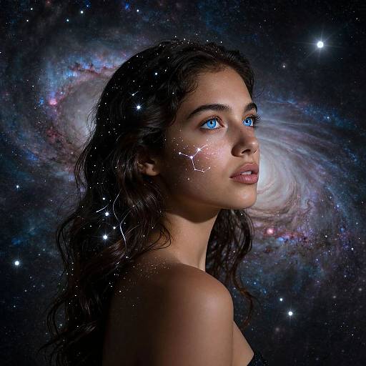Photograph of a young woman with blue eyes, dark wavy hair, and glowing constellation-like marks on her face, set against a cosmic background with